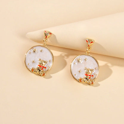 Funny Gifts Best Friends Cartoon Enamel Little Bear Round Charm Dangle Earrings-1