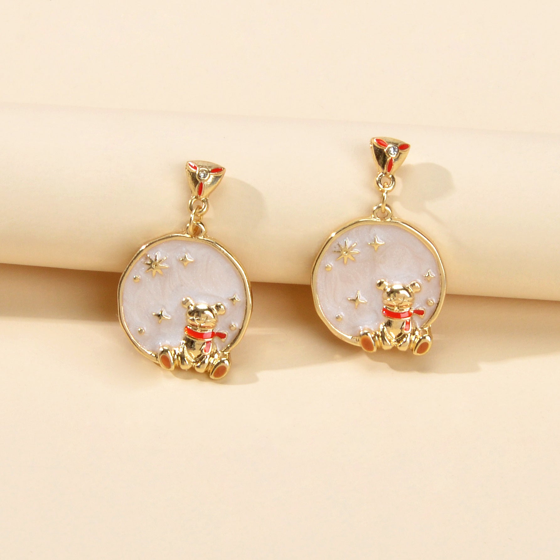 Funny Gifts Best Friends Cartoon Enamel Little Bear Round Charm Dangle Earrings-2