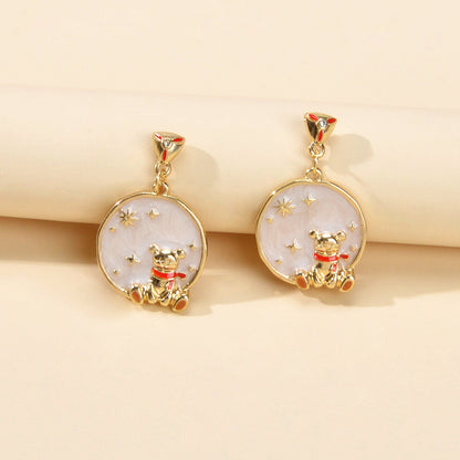 Funny Gifts Best Friends Cartoon Enamel Little Bear Round Charm Dangle Earrings-2
