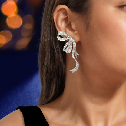 Luxurious Rhinestone Decor Silvery Bow Stud Earrings for Women Banquet-0