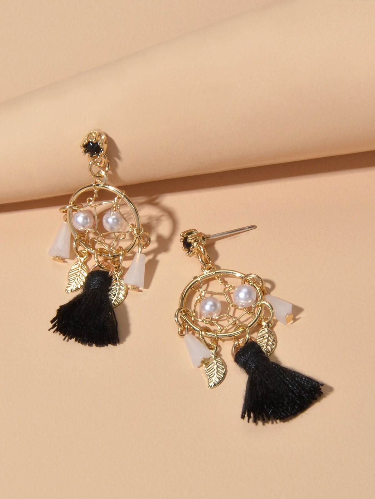 Ethnic Style Bohemian Jewellery Pearl Beads Leaf Charm Tassel Dangle Earrings-2