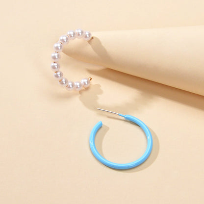 Blue Circle Pearl Asymmetric Trendy Hoop Earrings Women Party Designer Jewellery-0