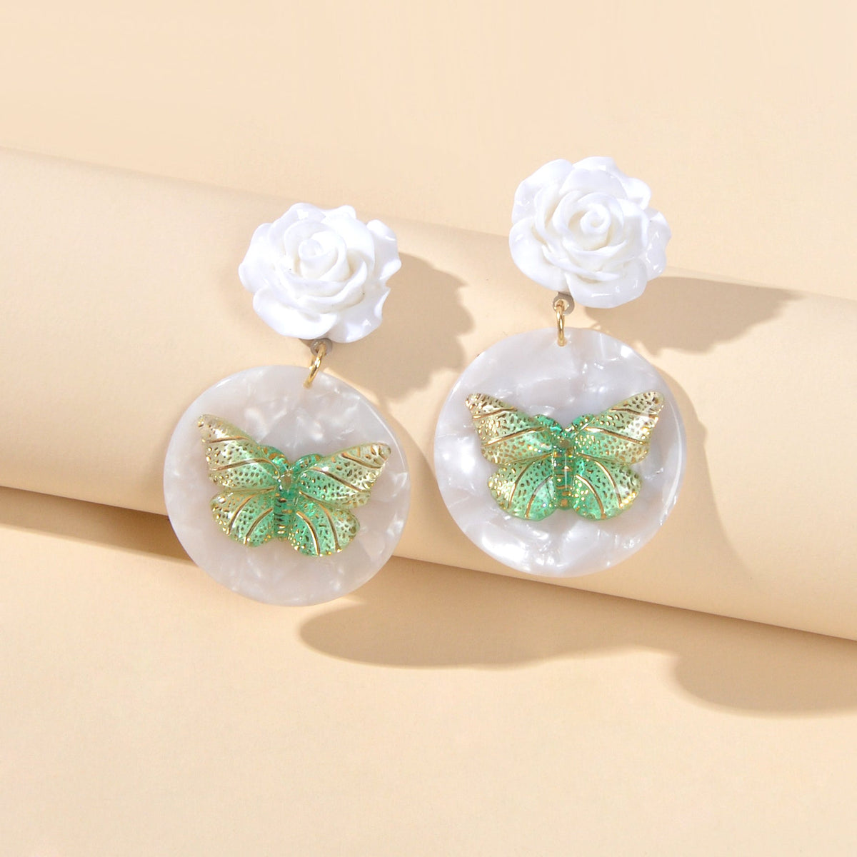 Designer Stylish Jewellery White Flower Green Butterfly Dangle Chunky Earrings-1