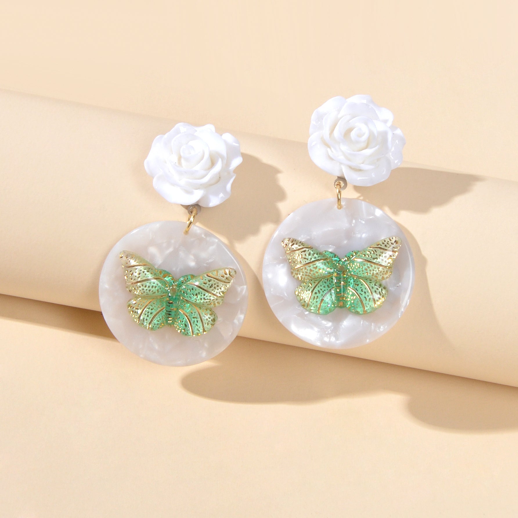 Designer Stylish Jewellery White Flower Green Butterfly Dangle Chunky Earrings-1