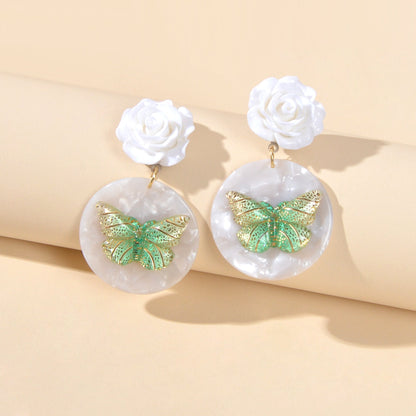 Designer Stylish Jewellery White Flower Green Butterfly Dangle Chunky Earrings-1