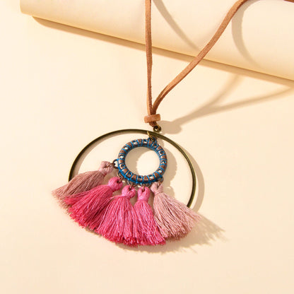 Ethnic American Jewellery Long Chain Pink Tassel Circle Charm Boho Chic Necklace-1