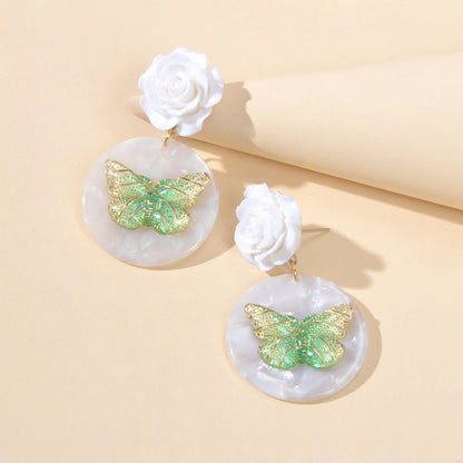 Designer Stylish Jewellery White Flower Green Butterfly Dangle Chunky Earrings-2