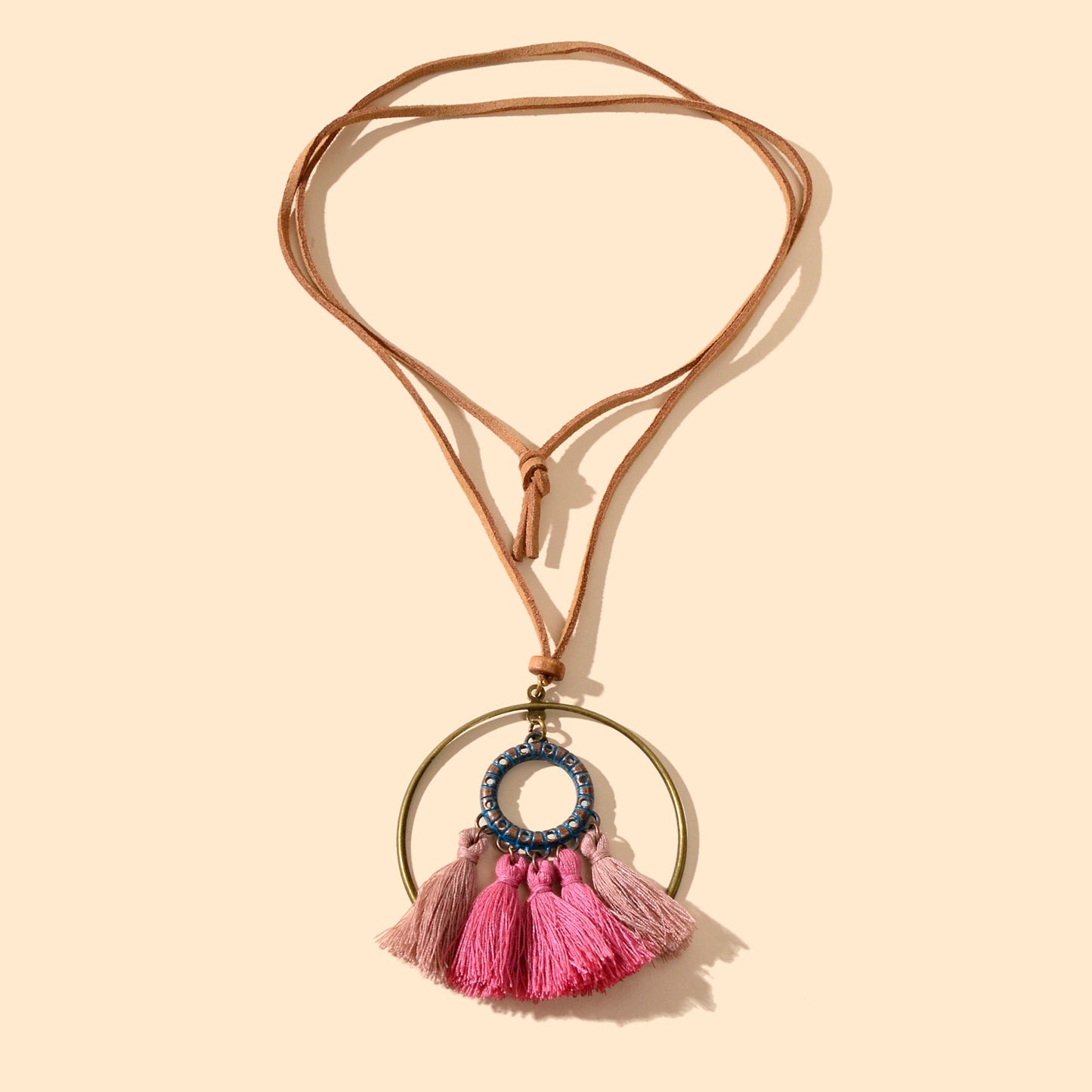 Ethnic American Jewellery Long Chain Pink Tassel Circle Charm Boho Chic Necklace-2