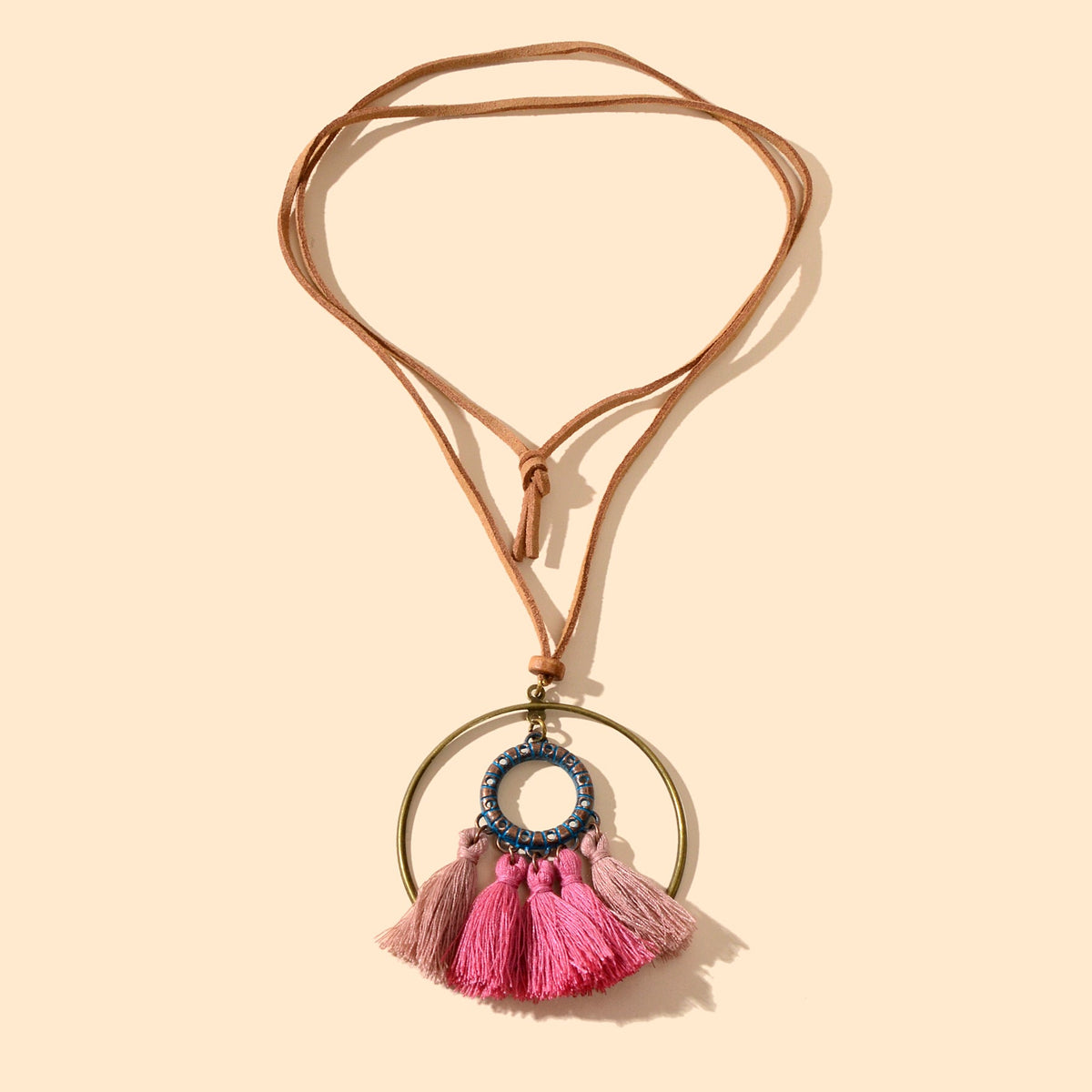 Ethnic American Jewellery Long Chain Pink Tassel Circle Charm Boho Chic Necklace-2