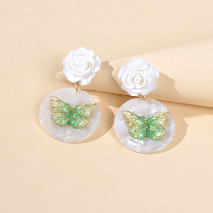 Designer Stylish Jewellery White Flower Green Butterfly Dangle Chunky Earrings-3