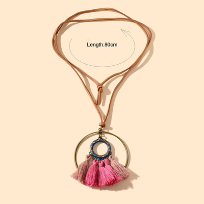 Ethnic American Jewellery Long Chain Pink Tassel Circle Charm Boho Chic Necklace-3