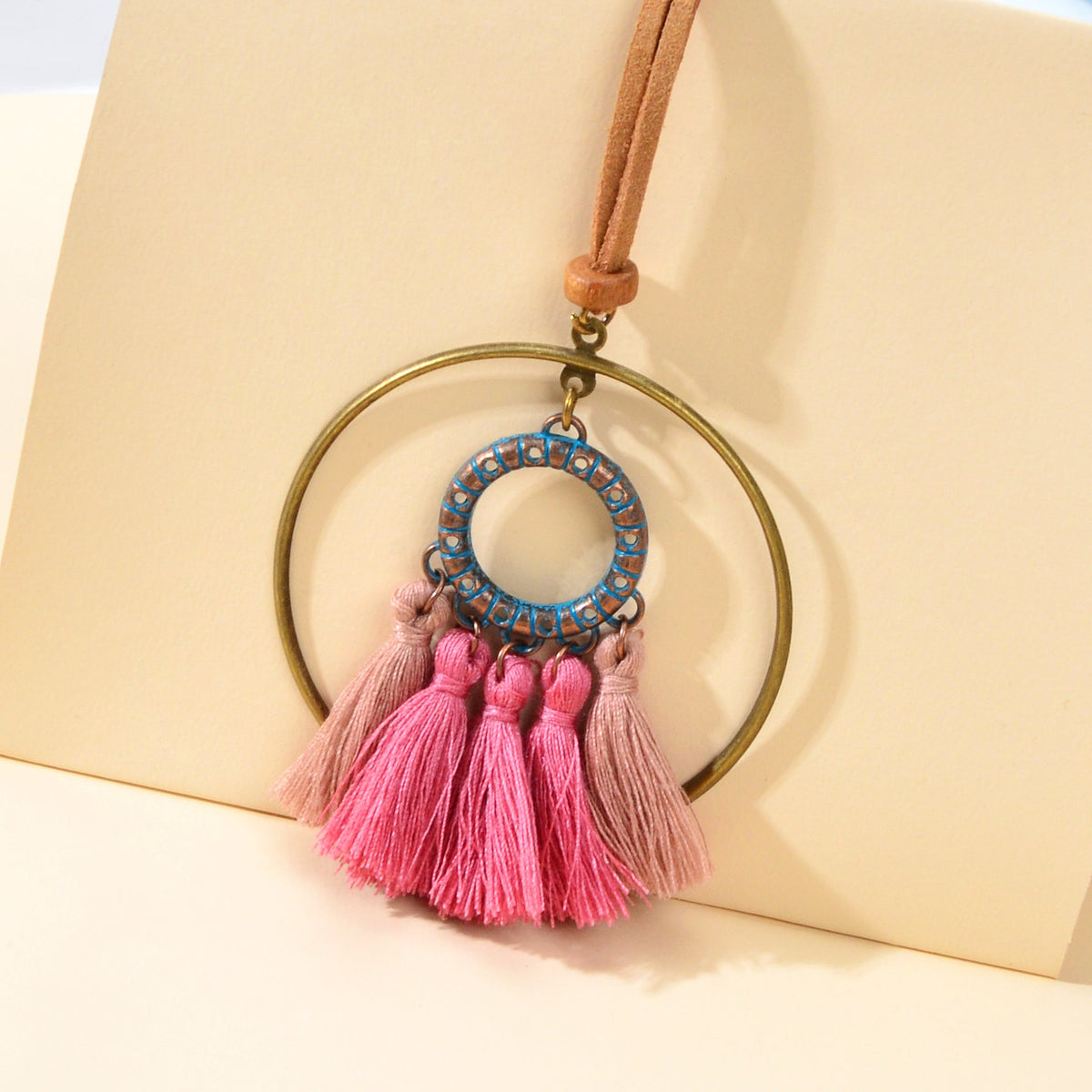 Ethnic American Jewellery Long Chain Pink Tassel Circle Charm Boho Chic Necklace-4