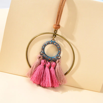 Ethnic American Jewellery Long Chain Pink Tassel Circle Charm Boho Chic Necklace-4