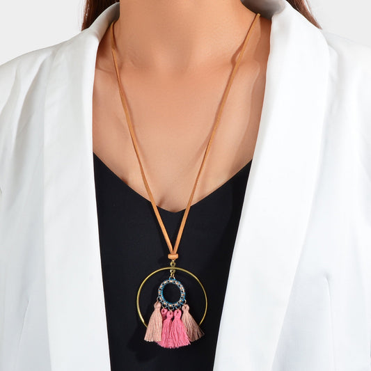 Ethnic American Jewellery Long Chain Pink Tassel Circle Charm Boho Chic Necklace-0