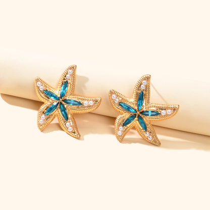 Classic Blue Gemstone Pearl Decor Sea Starfish Stud Girls New Lovely Earrings-0