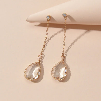 Stunning Transparent Water Drop Chain Crystal Dangle Stud Earrings Girls Eardrop-1