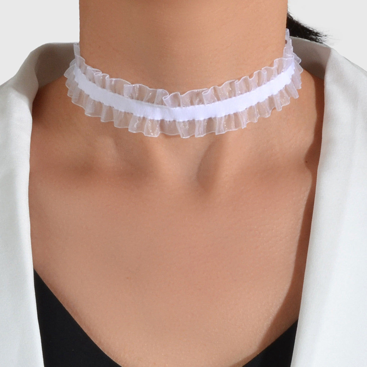 Gothic Black White Lace Elastic Punk Tattoo Choker Necklace Halloween Accessory-0