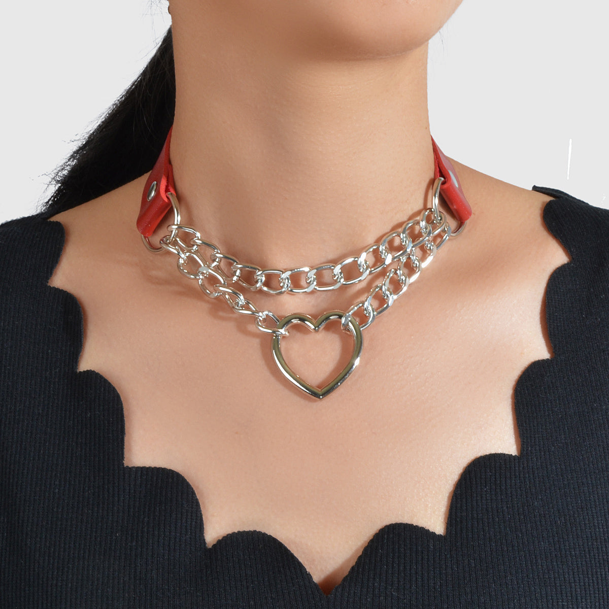 Double Layer Chunky Silver Chain Heart Charm Sexy Leather Choker Grunge Collar-0