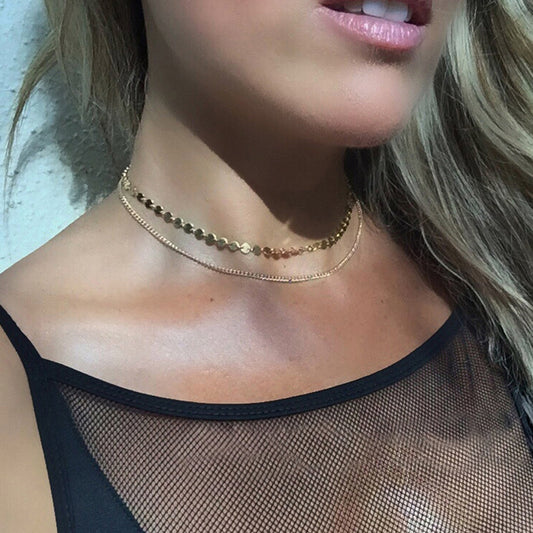Beautiful Ladies Jewelry Double layer Disc Chain Short Collar Clavicle Necklace-0