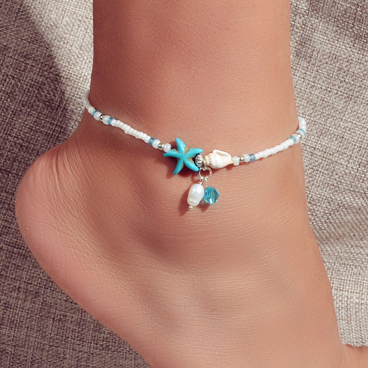 Ocean Style Conch Shell Starfish Seed Beads Turquoise Anklet Sea Beach Jewellery-0