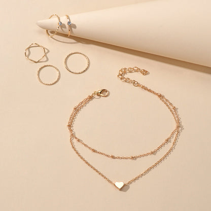 Multi-layer Gold Chain Love Heart Charm Anklet Knuckle Curved Multiple Rings set-1