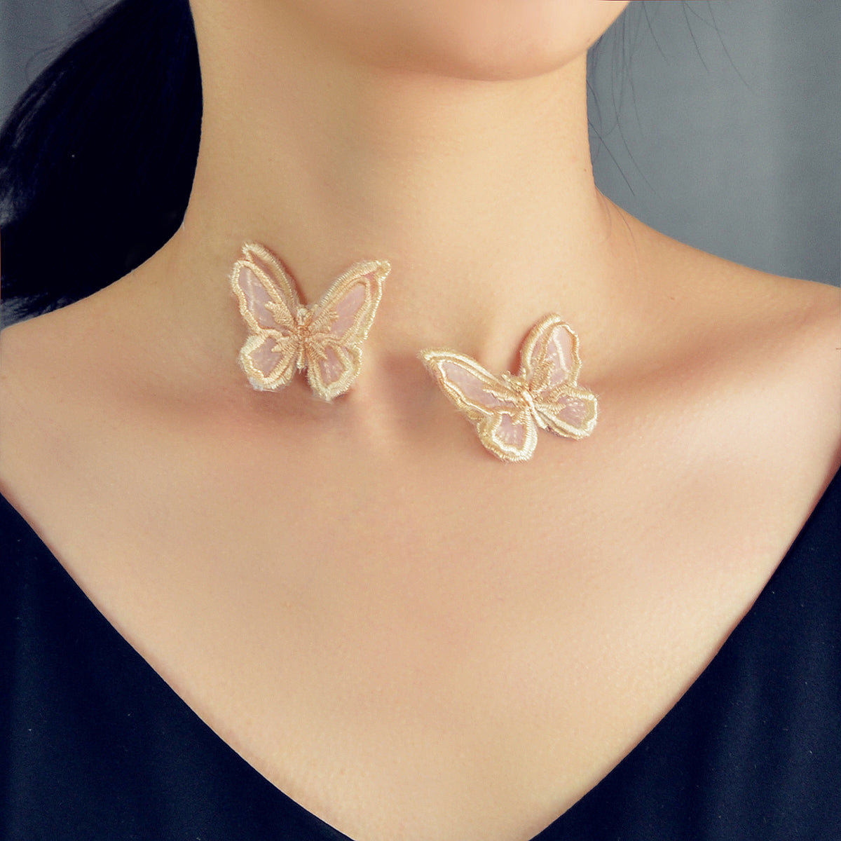 Double Layer Transparent Cord Lace Butterfly Choker Necklace Women Collar Gift-0