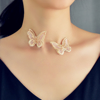 Double Layer Transparent Cord Lace Butterfly Choker Necklace Women Collar Gift-0