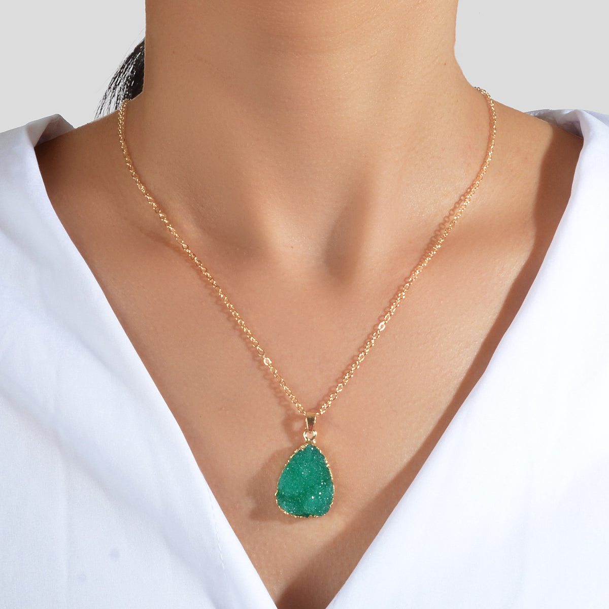 Boho Chic Gold Chain Colorful Stone Resin Water Drop Pendant Ethnic Necklace-0