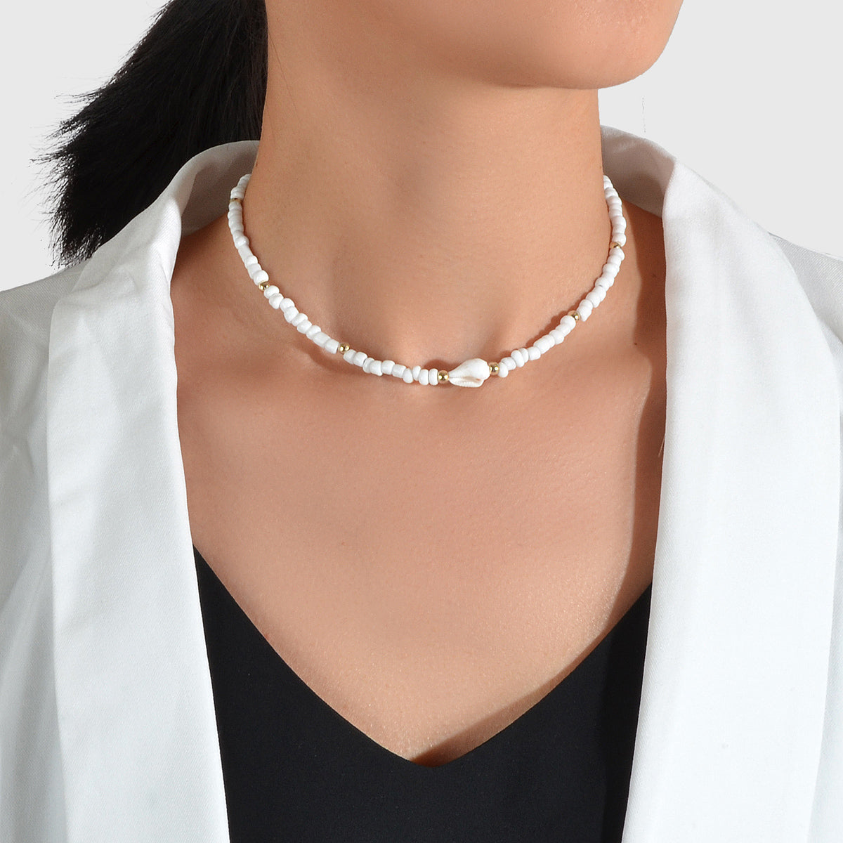 Feelontop Handmade Elegant Boho Seed Beads White Shell Necklace Choker Collar-0