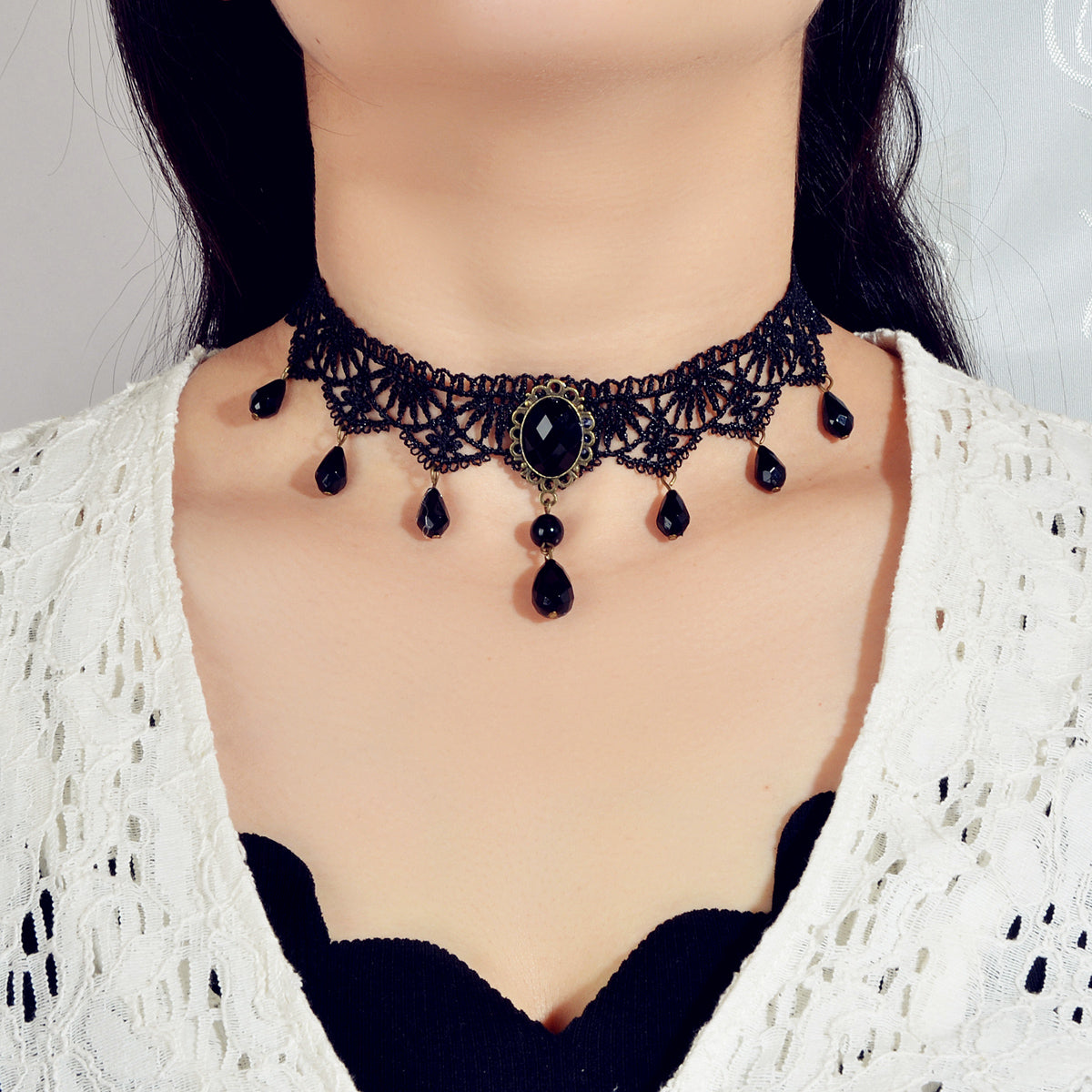 Water Drop Charm Black Lace Retro Gothic Women Choker 90s Halloween Necklace-0