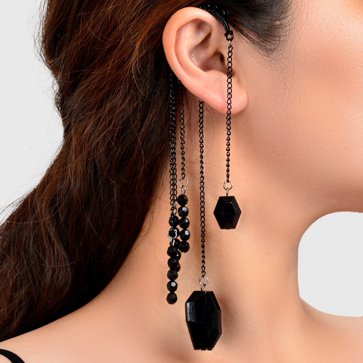 1pc Punk Rock Black Long Chain Tassel Beads Drop Earrings Ear Cuff Ear Climber-0