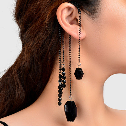 1pc Punk Rock Black Long Chain Tassel Beads Drop Earrings Ear Cuff Ear Climber-0