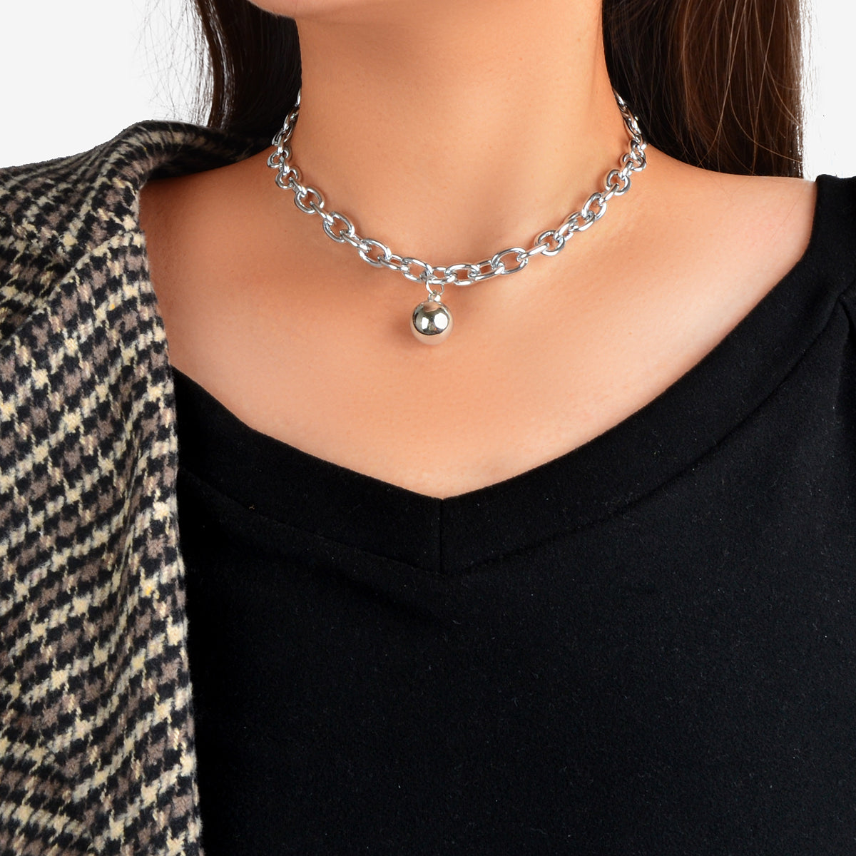 Silver Colour Chunky Chain Round Charm Necklace Grunge Women Clavicle Jewellery-0