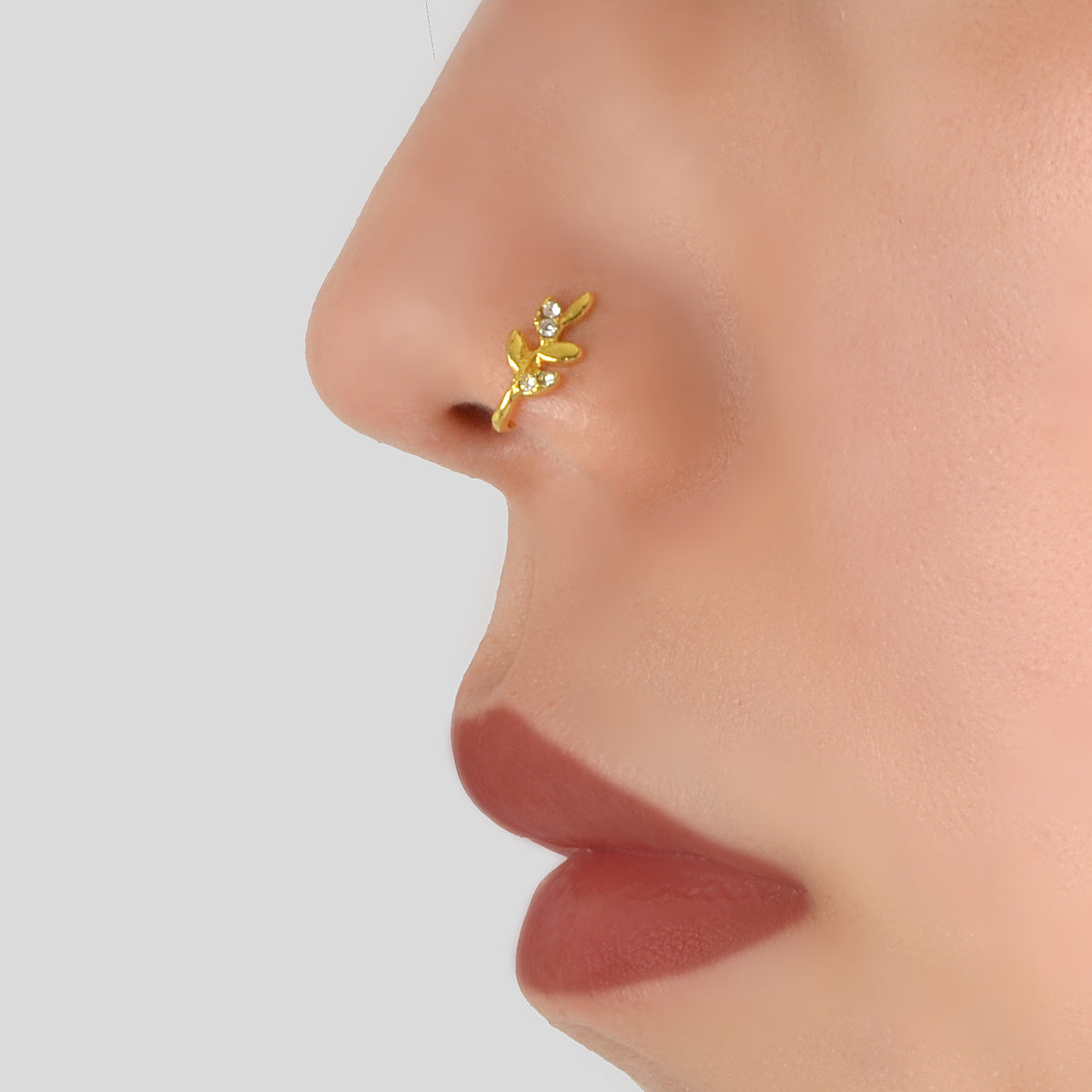 AU Post Leaf Nose Ring Crystal Flower Faux Clicker Non-Piercing Type C Nose Ring-0