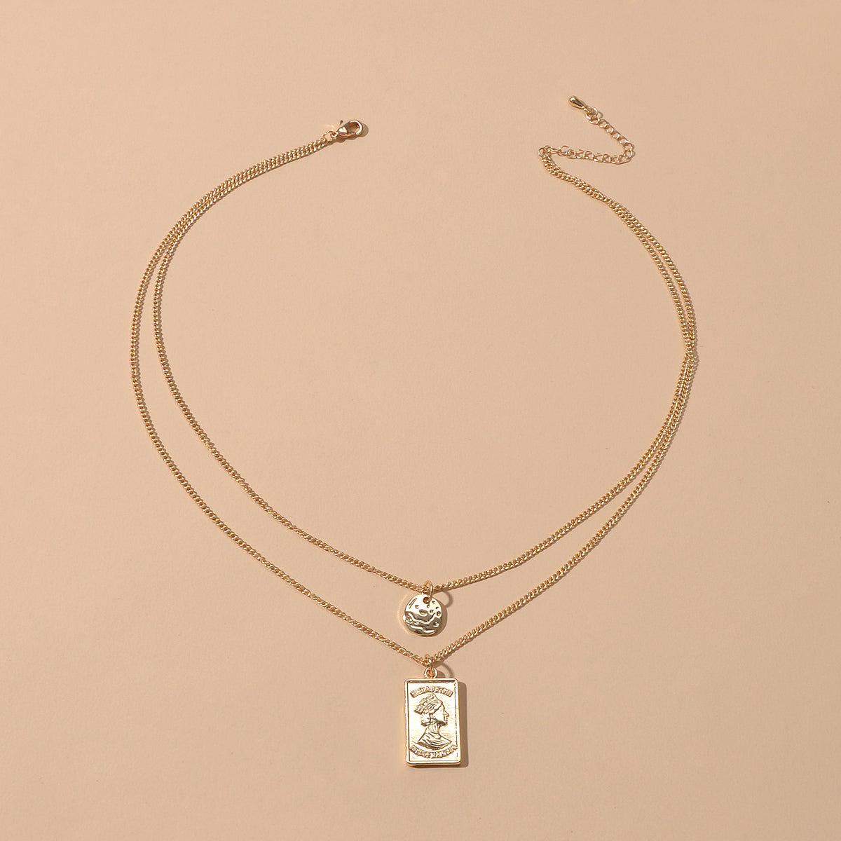 Court Double layer Gold Chain Round Rectangle Head Sculpture Pendant Necklace-2