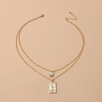 Court Double layer Gold Chain Round Rectangle Head Sculpture Pendant Necklace-2