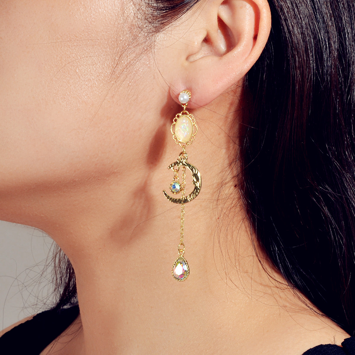 AU Local Rhinestone Moon Feather Snowflake Waterdrop Asymmetric Stud Earrings-1
