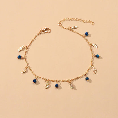 Feelontop Blue BeadsLeaf Charm Anklet Bohemia Handmade Beach Bracelet Foot Chain-1