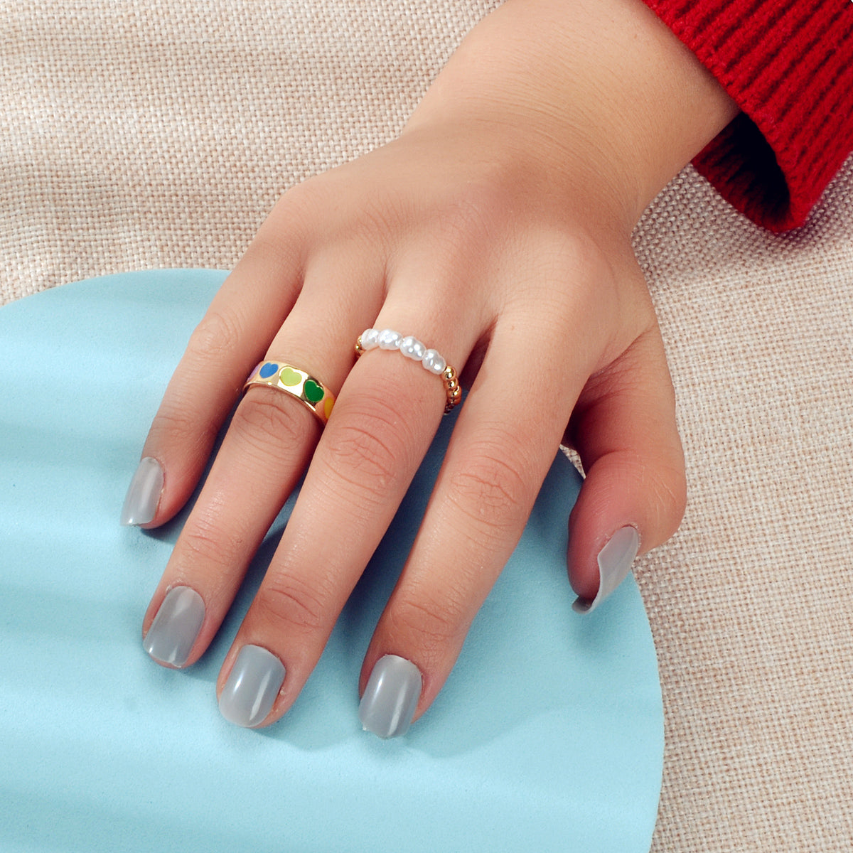 2 pcs Pearl Decor Elastic Ring Colorful Love Heart Enamel Finger Rings Jewellery-2