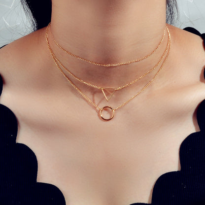 3 pcs Muti-layered Gold Silver Chain Circle Triangle Pendant Necklace Teens Gift-0