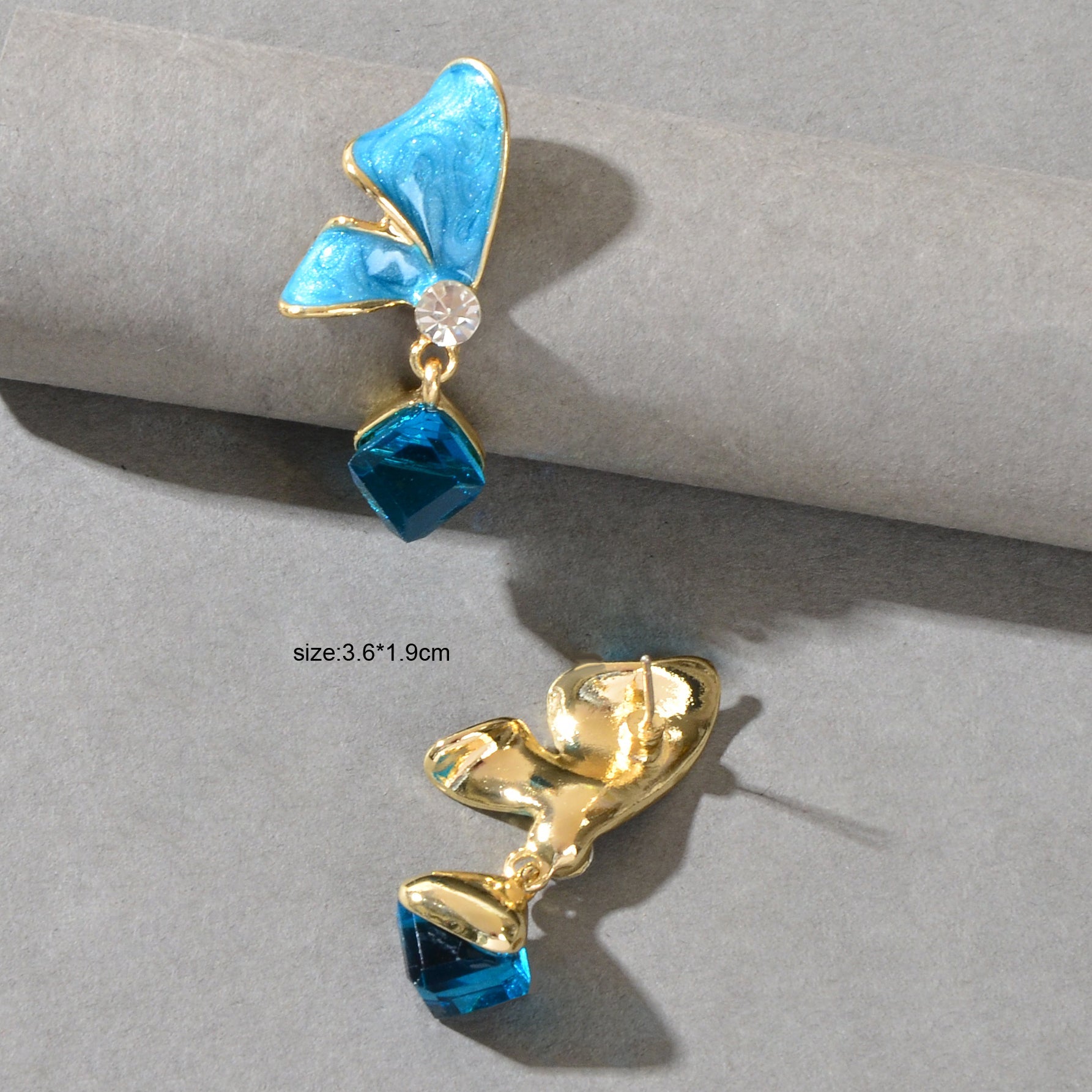Elegant Black Blue Enamel Butterfly Square Imitation Gemstone Dangle Earrings-2