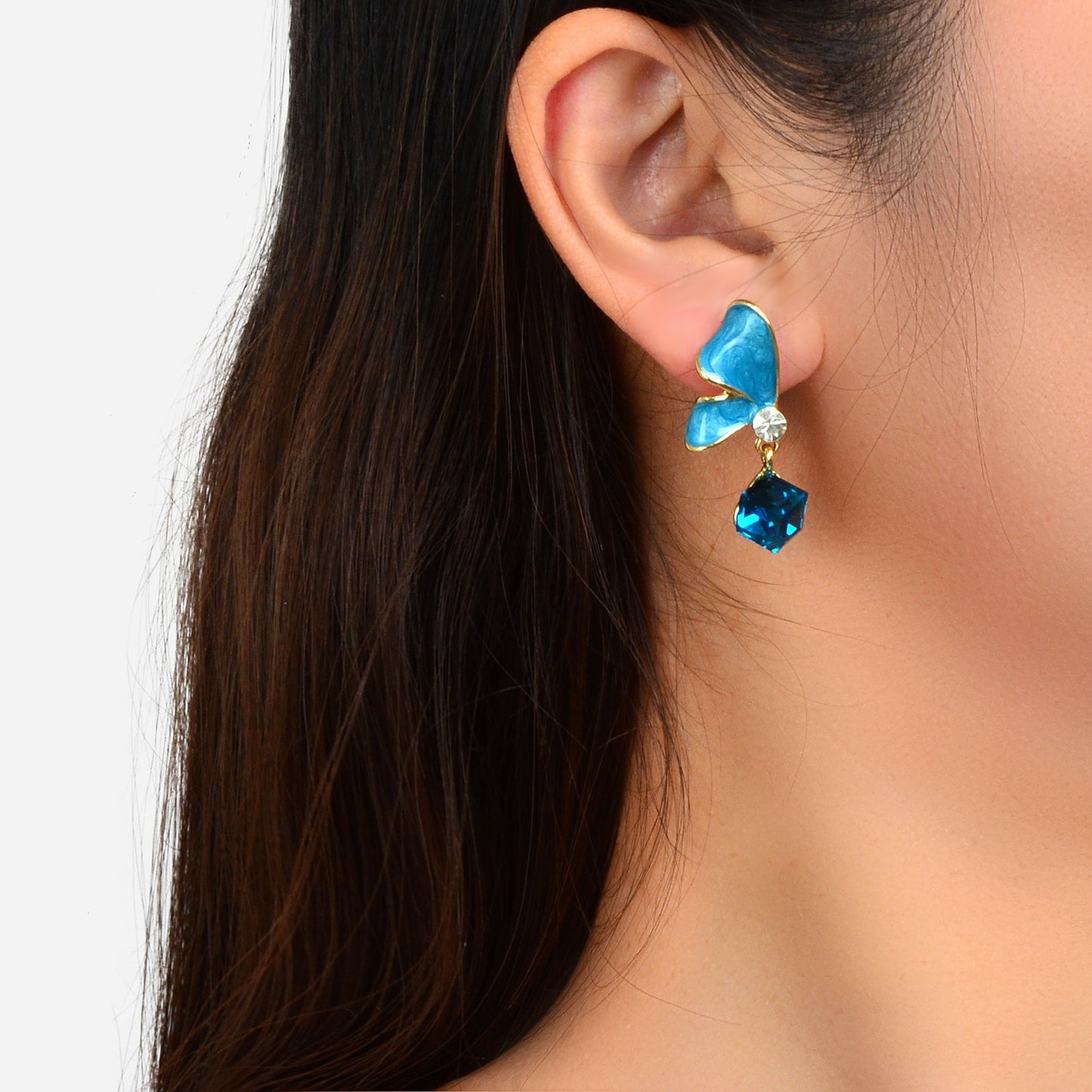 Elegant Black Blue Enamel Butterfly Square Imitation Gemstone Dangle Earrings-0