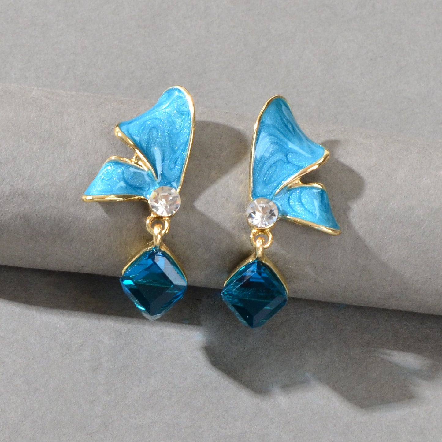 Elegant Black Blue Enamel Butterfly Square Imitation Gemstone Dangle Earrings-3