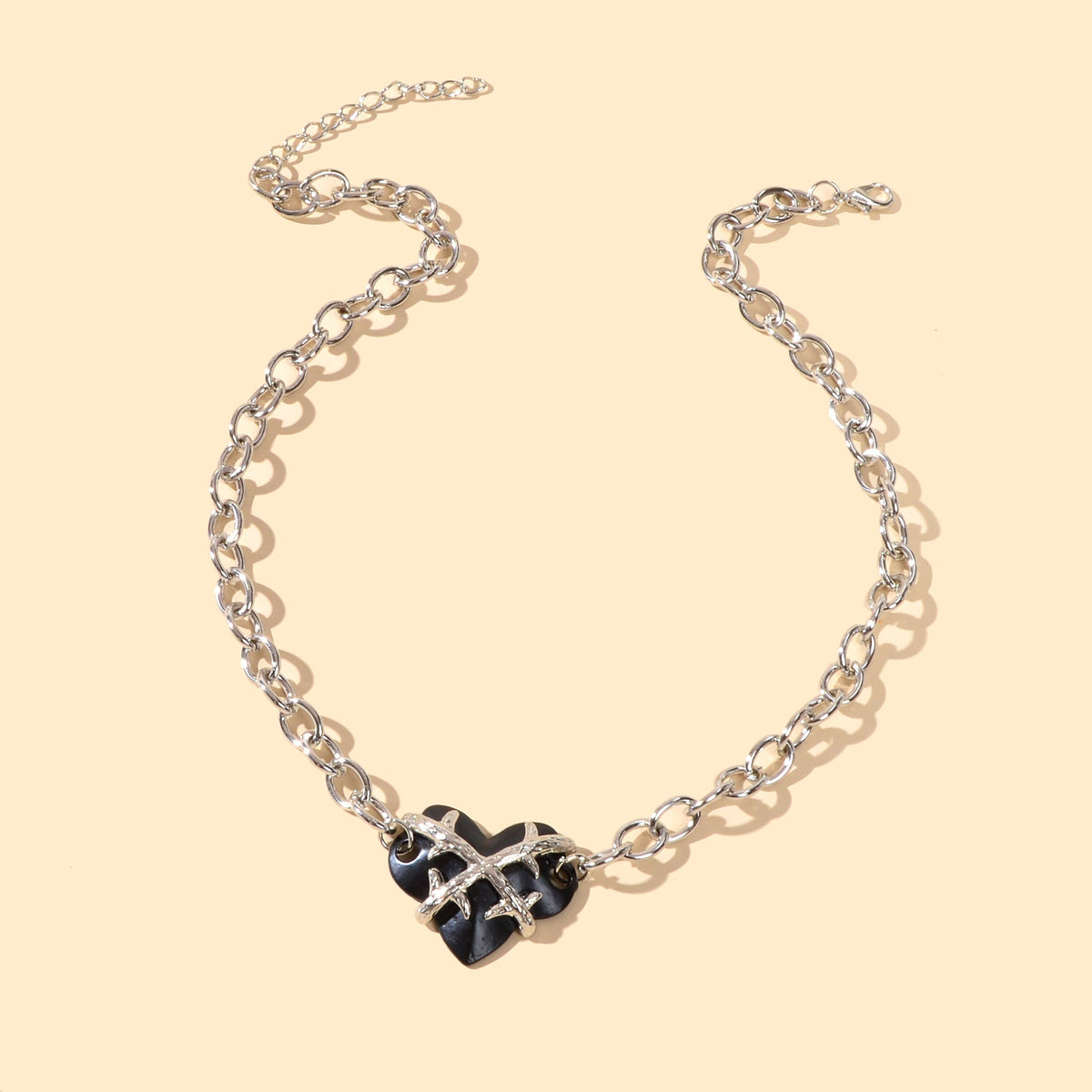 Designer Jewelry Crude Silver Chain Black Resin Heart Pendant Statement Necklace-1