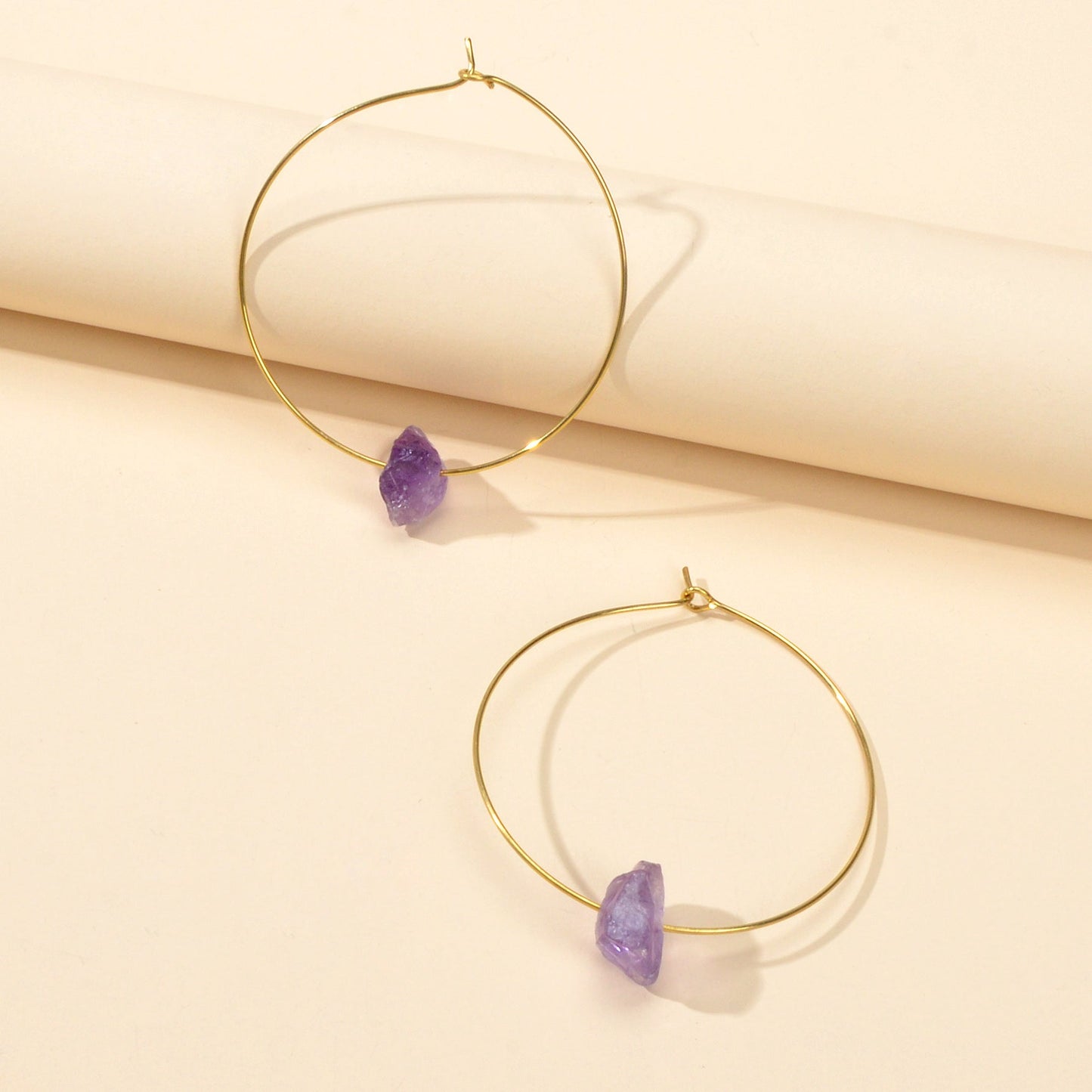 Ladies Jewellery Boho Chic Style Irregular Stone Decor Big Gold Hoop Earrings-4