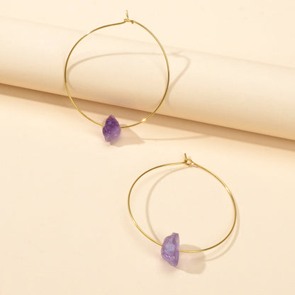 Ladies Jewellery Boho Chic Style Irregular Stone Decor Big Gold Hoop Earrings-4