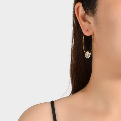 Ladies Jewellery Boho Chic Style Irregular Stone Decor Big Gold Hoop Earrings-1