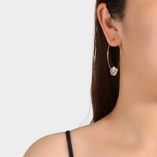 Ladies Jewellery Boho Chic Style Irregular Stone Decor Big Gold Hoop Earrings-1