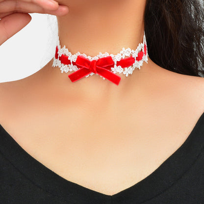 90s White Lace Flower Black Velvet Bowknot Tattoo Choker Necklace Grunge Collar-5