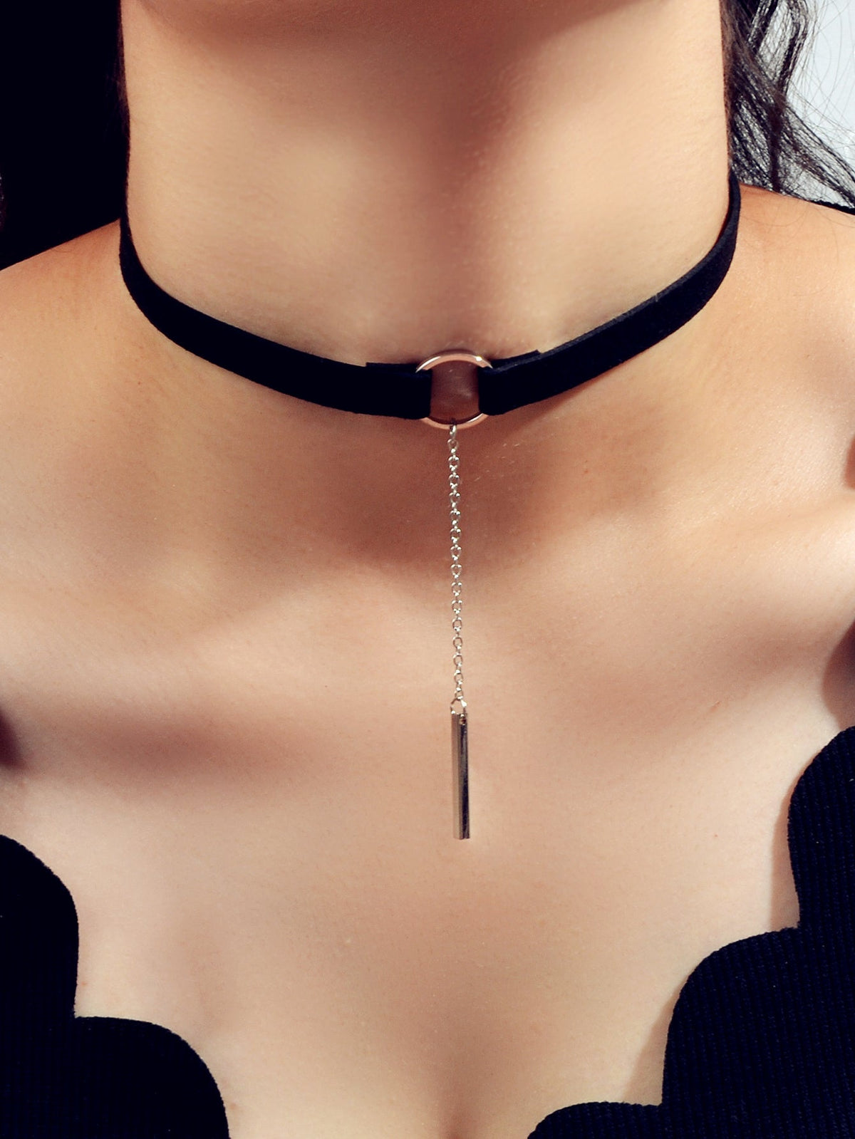 Gothic Punk 90s Black Leather Choker Bar Tattoo Choker Necklace Grunge Collar-0
